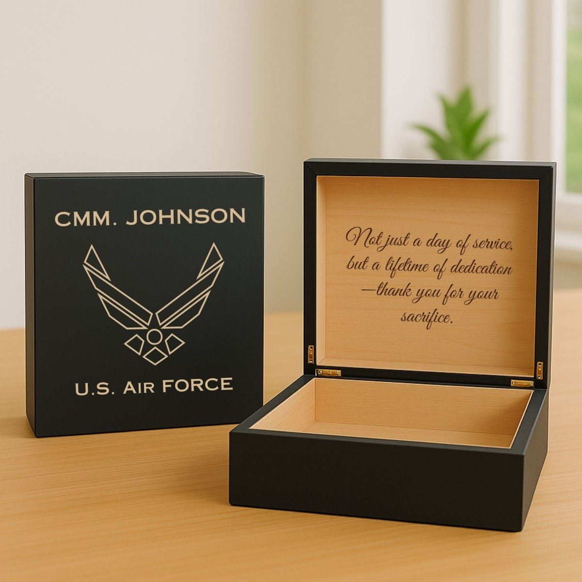 Engraved Air Force memory box with custom name and message, perfect for medals and photos