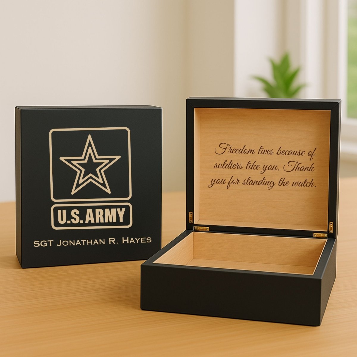 Wooden U.S. Army keepsake box with engraved emblem, custom name, and cedar-lined interior