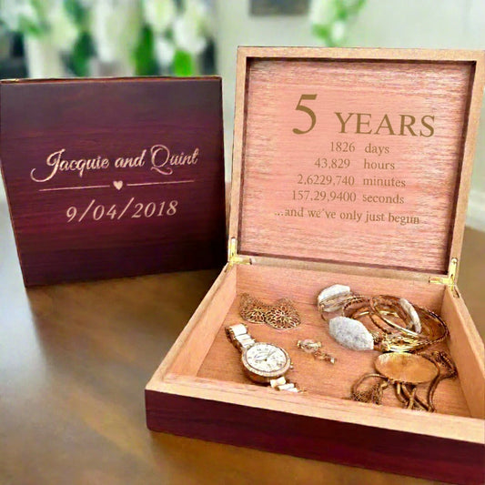 personalized wooden keepsake box for 5 Year Anniversary Gift for Her engraved with names and wedding date