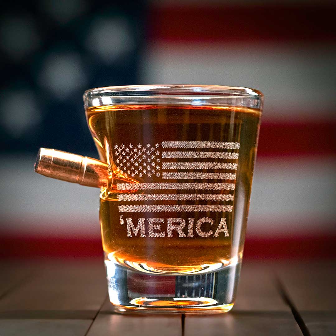 2oz shot glass with embedded .308 bullet and engraved ‘Merica logo