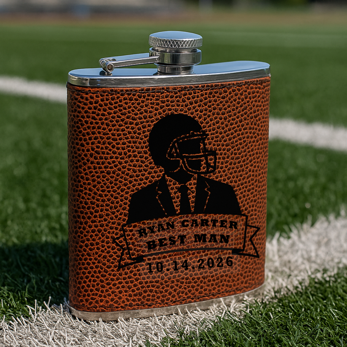 Personalized Football Leatherette Flask for Groomsmen with Custom Engraving