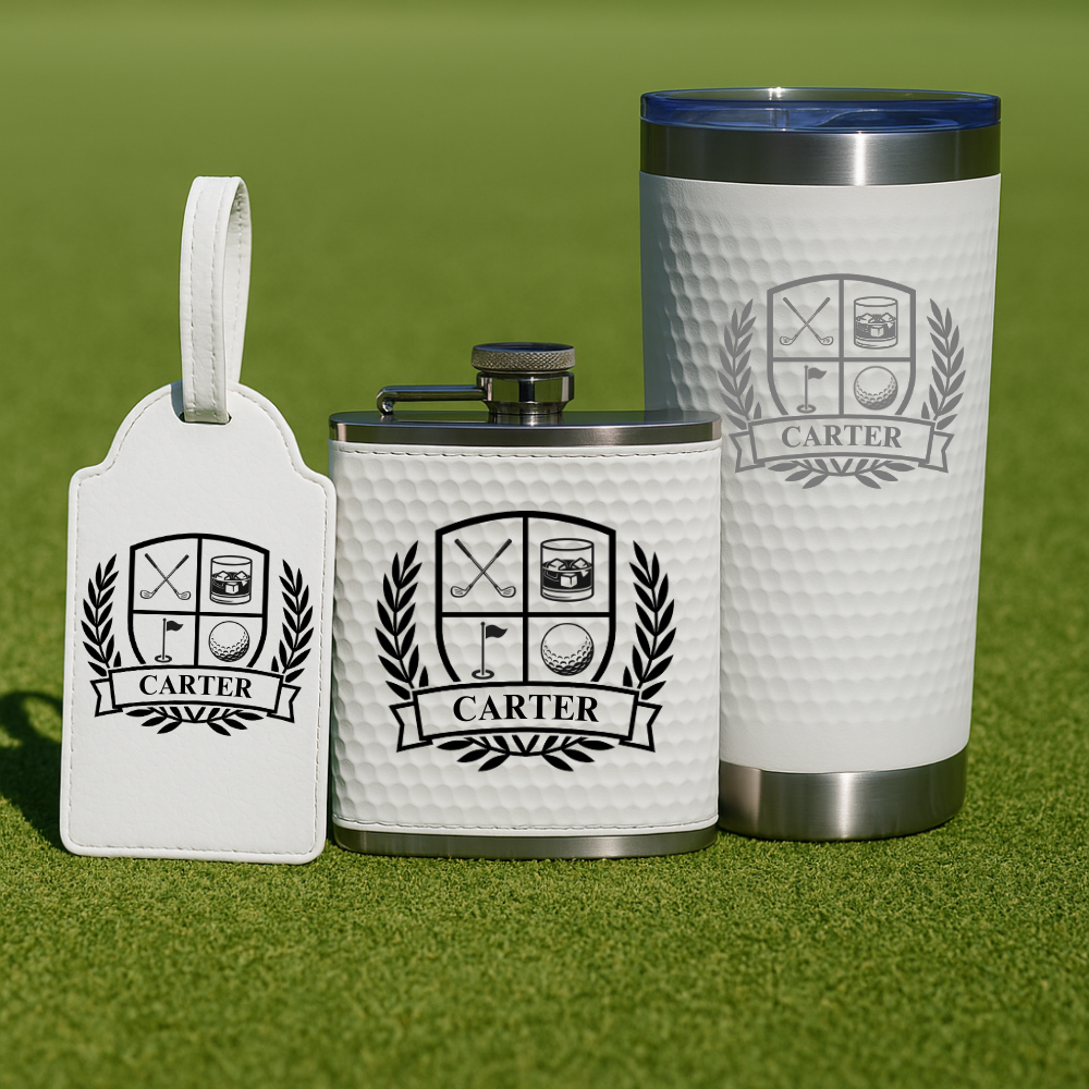 Golf groomsmen gift set with personalized flask, tumbler, and golf bag tag