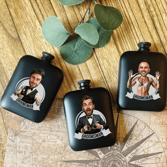 Funny Personalized Groomsmen Flasks- Groommsen Grins Caricature of Guys in Wedding Party