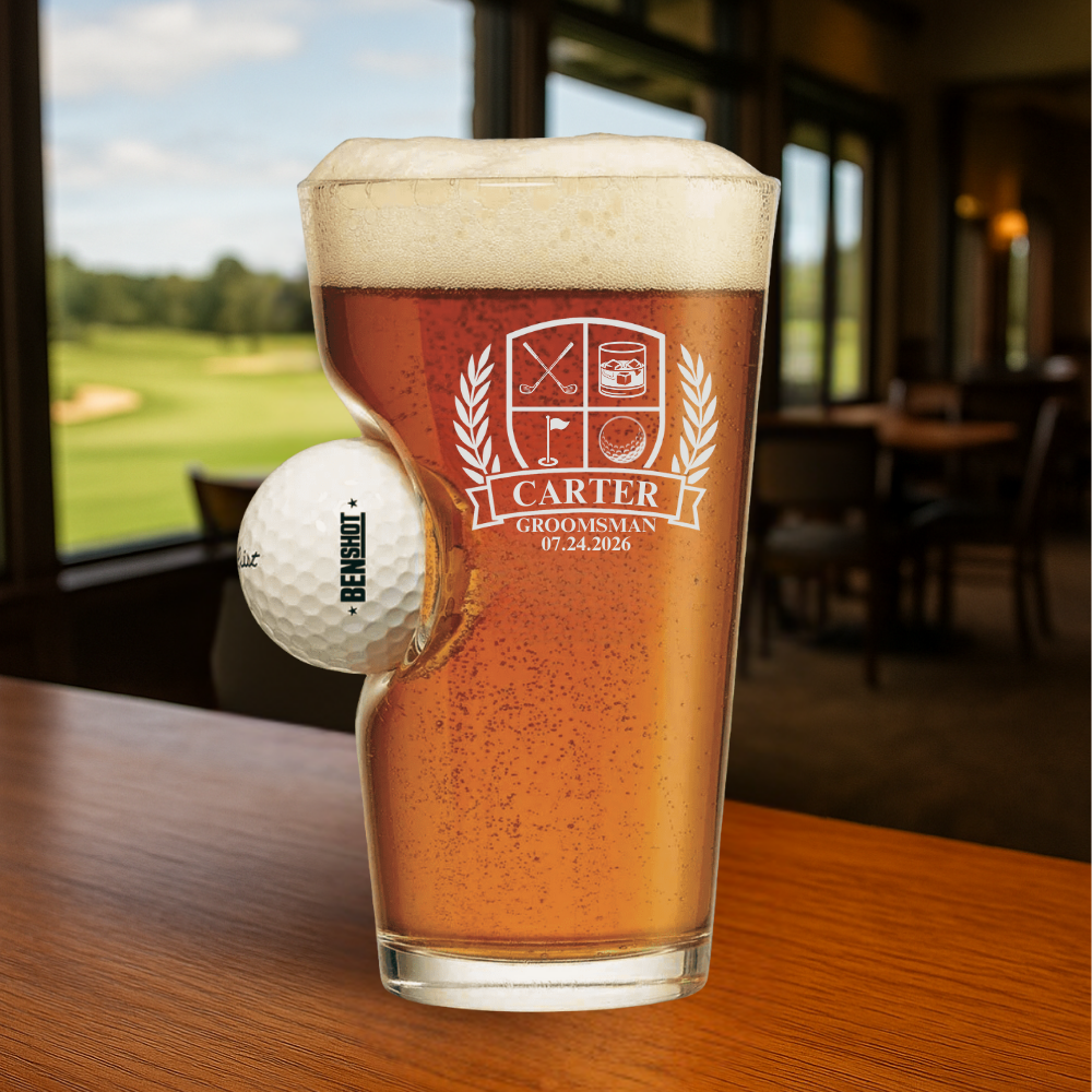 Custom golf ball pint glass with wedding crest and embedded real Titleist golf ball