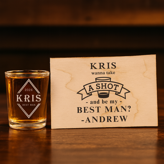 Personalized groomsman proposal card and engraved shot glass set